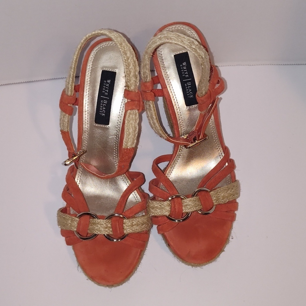 White House Black Market Juniper Leather/Cork Wedges Orange 6 1/2 Women's - Picture 6 of 9